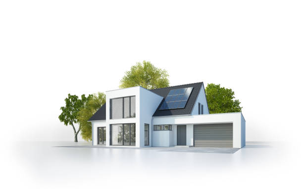 Isolated modern house with solar panels an garage
