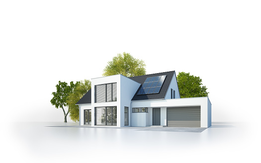 3d rendering of an isolated modern house with solar panels on the roof and garage