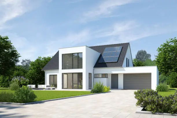 3d rendering of a modern house with a cubic extension and garage