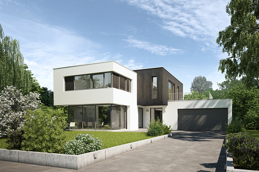 3d rendering of a modern villa with carbonized wood elements