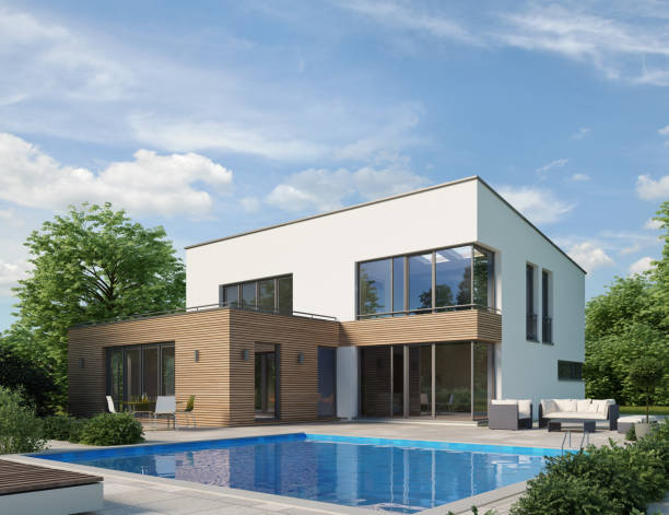 istock Modern villa with wooden elements and swimming pool 1483505731