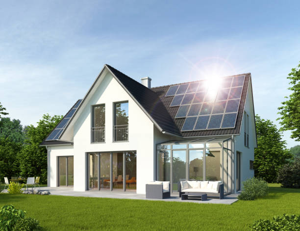 istock Modern house with solar panels on the roof 1483505738