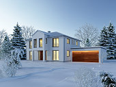 House in classic style with garage in winter