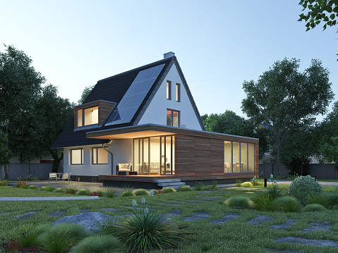 3d rendering of a house with solar panels on the roof and a modern wooden extension