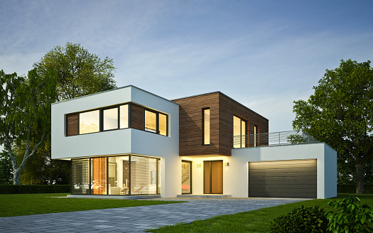 3d rendering of a modern cubic villa with wooden elements in the evening