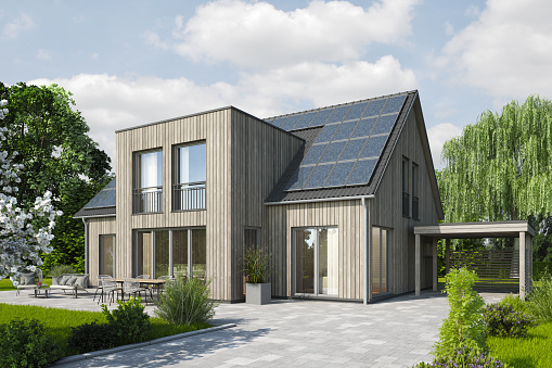 3d rendering of a modern wooden house with a cubic extension and solar panels