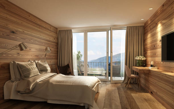 istock Hotel room with wooden wall cladding 1483505867