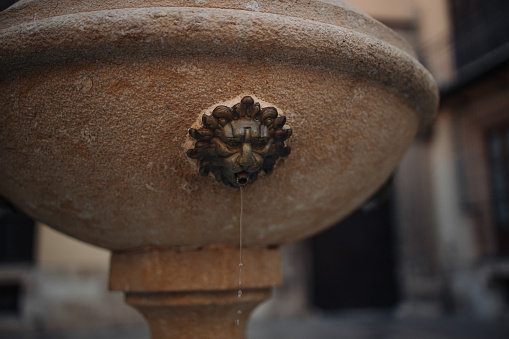 A fountain with a lion face in a square in Valencia, Spain. High quality photo
