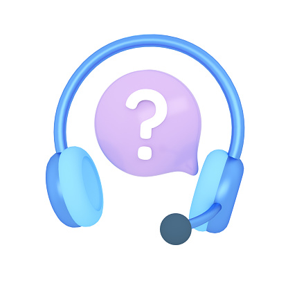 Headset with question mark on bubble speech. Customer self-service, call center, online assistance, FAQ, support service, hotline, consulting concept. 3d render.