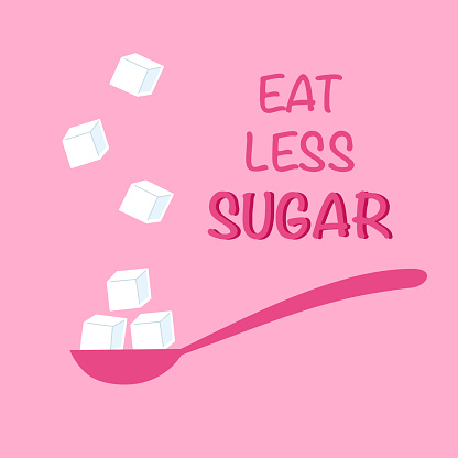 Eat less sugar concept vector illustration. Sugar on spoon in flat design on pink background.