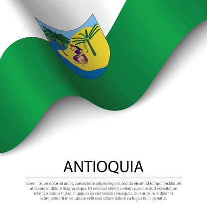 Waving flag of Antioquia is a region of Colombia on white background. Banner or ribbon vector template