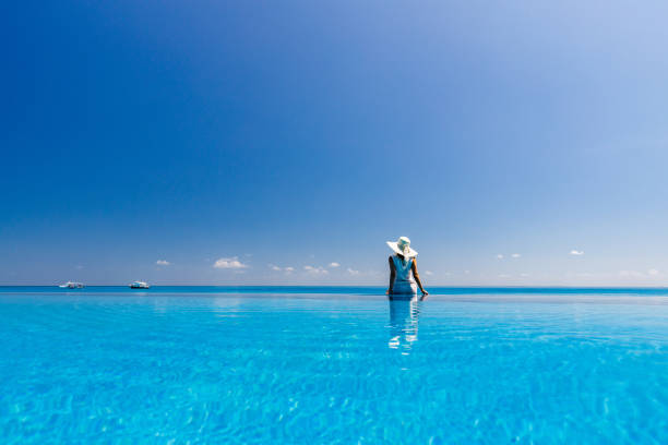 istock Back view of a woman looking at sea view from an infinity pool. 1483520038