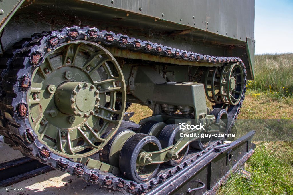American tank track of the second world war Track, wheel and rollers of an American tank of the second world war in close-up, front view France Stock Photo