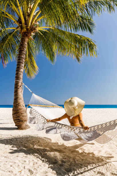 istock Back view of relaxed woman in hammock on the beach. 1483521507