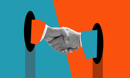 A handshake of businessmen. Modern design with a positive context. Concept of help, support, and agreement between businessmen. Modern art collage, trendy magazine style.