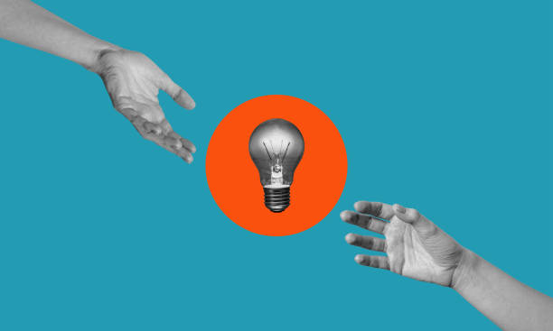 istock Digital collage, Hand reaching to a glowing light bulb. 1483521945