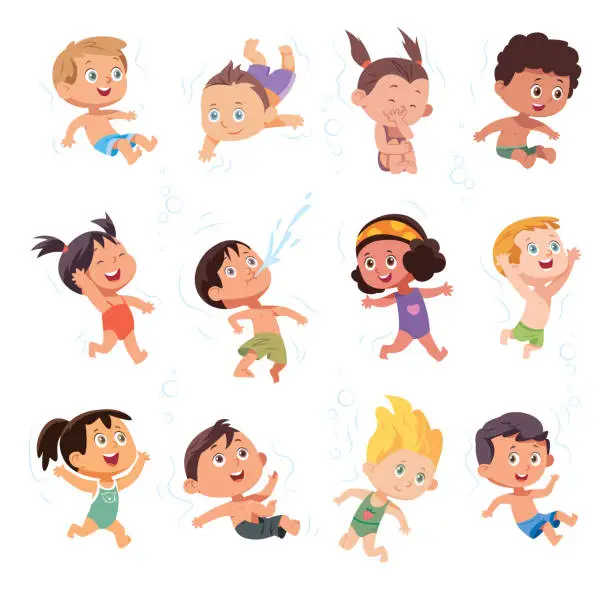 Vector illustration of Little divers cartoon set, Children snorkeling, Set Funny cartoon character