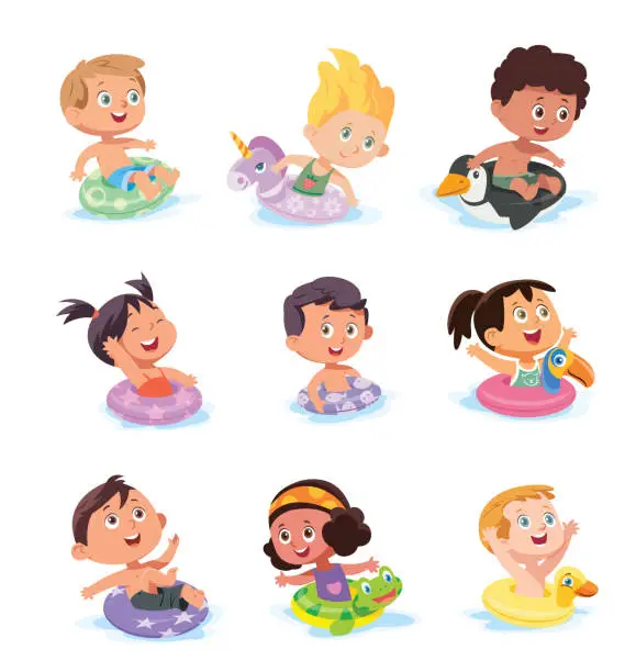 Vector illustration of Summer collection of cute children on inflatable ring. Set of diverse kids in swimsuit floating on the inflatable circle