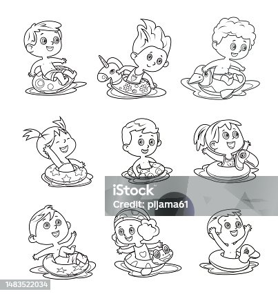 istock Summer collection of children on inflatable ring. Set of diverse kids in swimsuit floating on the inflatable circle. 1483522034