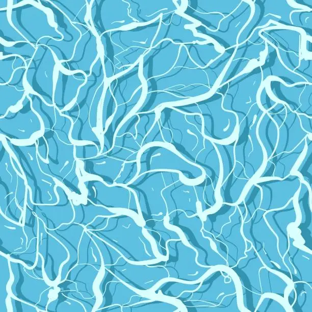 Vector illustration of Blue background with white stripes. Seamless pattern of water surface. Pool, river, sea or ocean liquid aqua tropical waves.