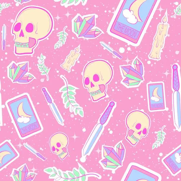 Vector illustration of Pastel goth seamless pattern with skulls, amethysts, daggers and branches. Repeat background with kawaii colors and wiccan elements