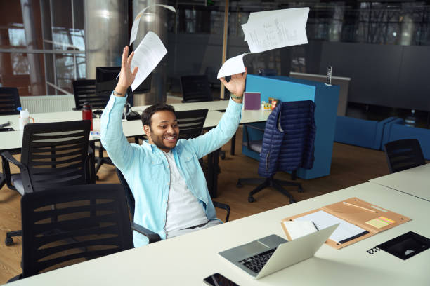 istock Smiling man rejoices in the work done 1483526724