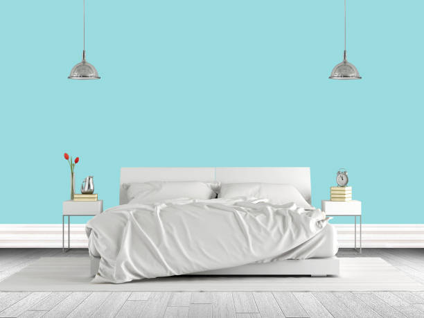 istock Minimalist master bedroom with double bed against bright blue wall - 3d rendering 1483527237