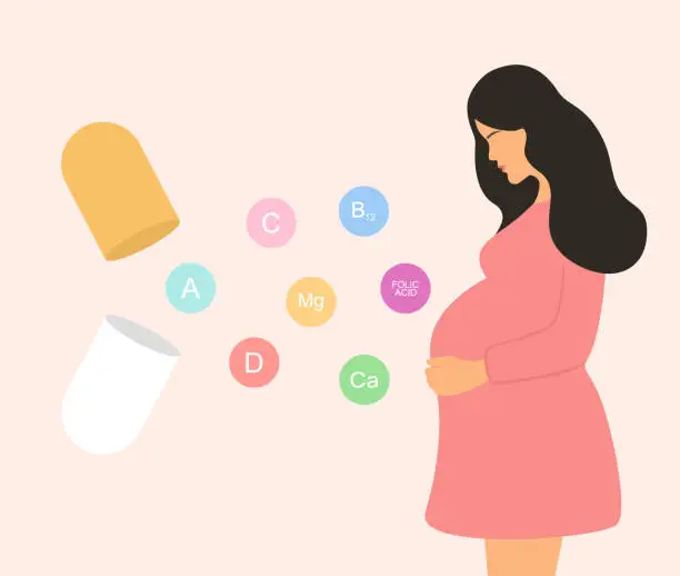 Vector illustration of Maternity Health Care Concept. Side View Of Young Pregnant Woman And Open Capsule With Vitamins And Minerals