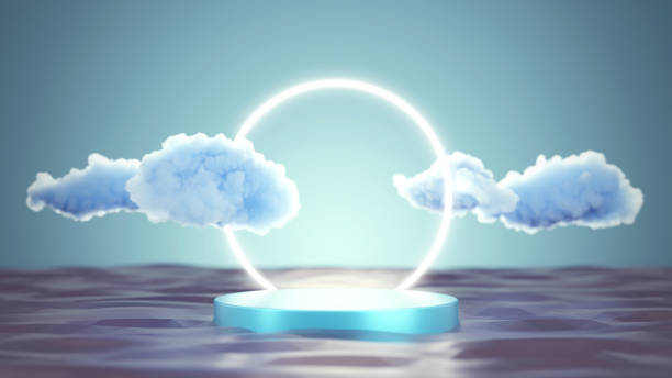 istock Product podium with fluffy clouds. Pedestal mock up 1483529468