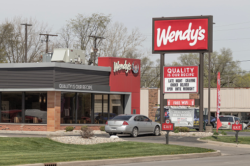 Marion - Circa April 2023: Wendy's fast food restaurant. Wendys is famous for its Frosty Dairy Dessert and square hamburgers.