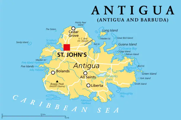 Vector illustration of Antigua, island in the Lesser Antilles in the Caribbean, political map