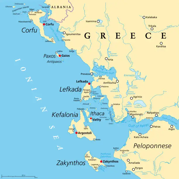 Vector illustration of Ionian Islands Region of Greece, Greek islands in Ionian Sea, political map