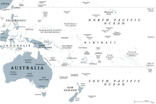 Vector illustration of Oceania, gray political map, Australia and the Pacific, including New Zealand