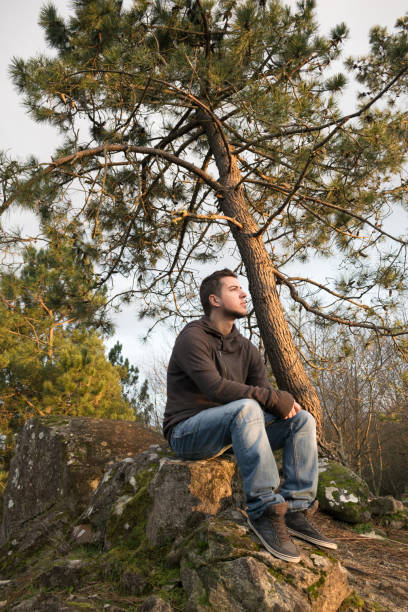 istock man sitting on a rock in the forest looking at the horizon 1483531776