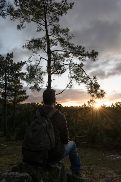 istock lonely man with a backpack looking the sunset in the forest 1483531777
