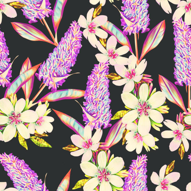 ilustrações, clipart, desenhos animados e ícones de flores lilás com padrão sem costura de jasmim. - 1x