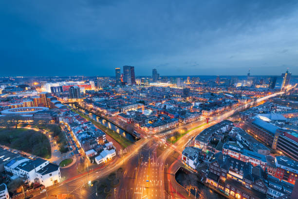 The Hague, Netherlands city centre skyline at twilight.