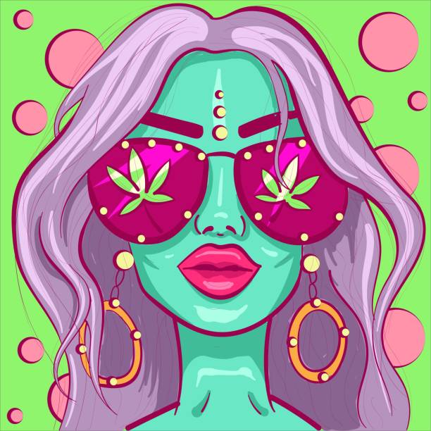 außerirdische et-frau mit grüner haut und psychedelischer trippiger ästhetik. charakterporträt eines kiffermädchens mit marihuana-/cannabis-sonnenbrille - psychedelic smoke colors green stock-grafiken, -clipart, -cartoons und -symbole