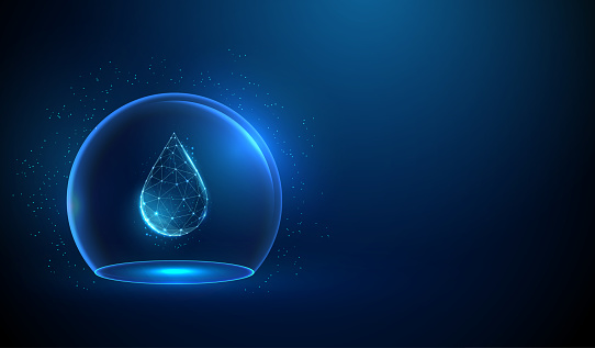 Abstract drop of water in blue glass dome. Neon sphere shield. Protection concept. Low poly style design. Blue geometric background. Wireframe connection structure. Modern 3d graphic concept. Vector