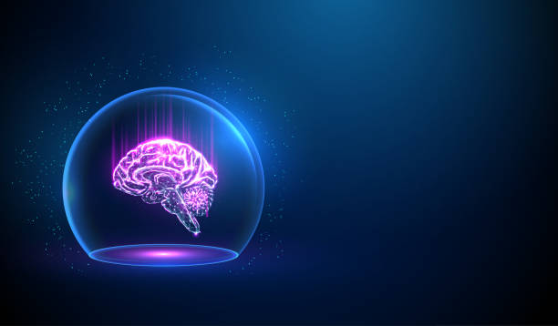 Abstract brain in blue glass dome. Neon sphere shield Abstract brain in blue glass dome. Neon sphere shield. Labaratory research concept. Low poly style design. Blue geometric background. Wireframe connection structure. Modern 3d graphic concept. Vector low quality of life stock illustrations