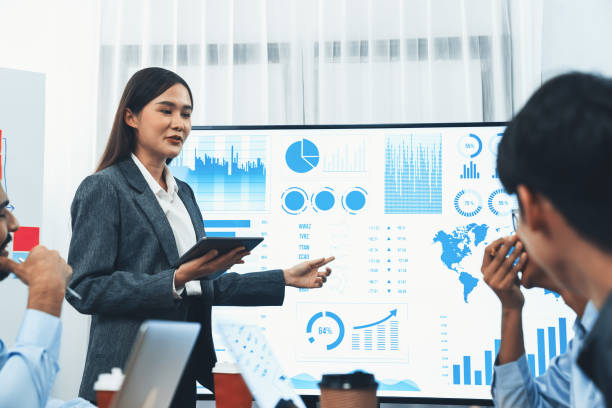 istock Young asian businesswoman presenting data analysis dashboard on TV. Concord 1483538854