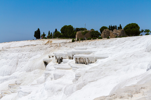 Natural travertine pools and terraces Pamukkale in Turkey