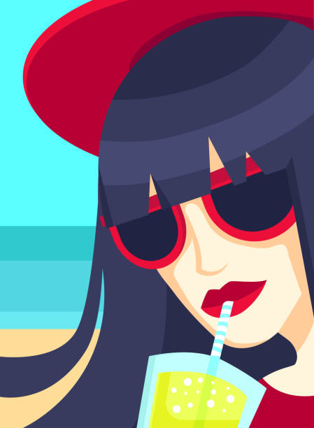 istock Summer poster with woman drinking cocktail on the beach, vector summer collection illustration, poster, banner, template. 1483540443