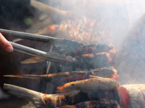 istock Selective focus of cooking fish. Baking and roasting marinated fish on barbecue grill. Thunnini grilled over charcoal. Summer barbeque hand marinade the fish. 1483541003