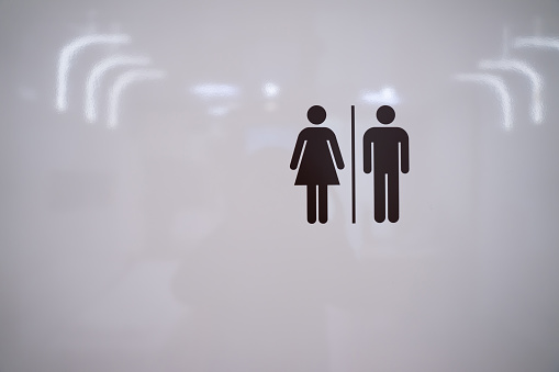 Female and male symbol icons on white room wall.
