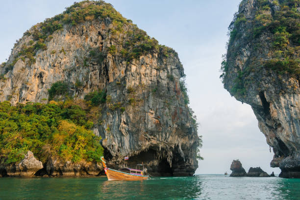Scenic view of Thai taxi boats on Railey beach
