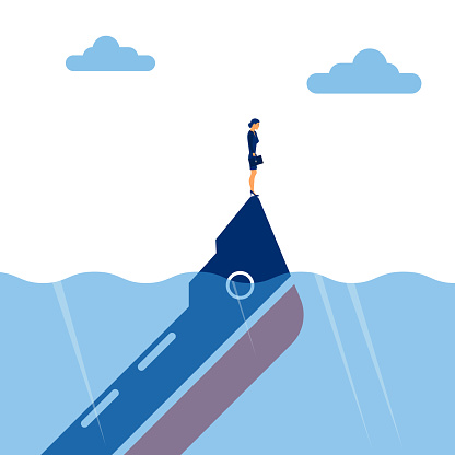 Sinking ship as a metaphor for a loss-making business. Failed idea or financial crisis. A sad businesswoman stands on a sinking ship. Vector illustration flat design.
