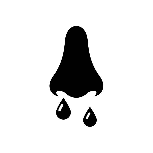 Blood with the nose black icon. Drops of blood flow from the nose of a man. Blood with the nose black icon. Drops of blood flow from the nose of a man. Symptoms of an unhealthy person. Signs of illness. Vector illustration flat design. Isolated on white background. bloody nose stock illustrations