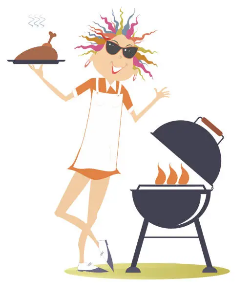 Vector illustration of Smiling woman preparing meat on fire