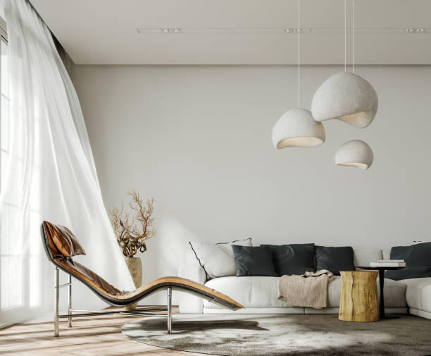 istock Modern white interior with brown leather armchair and empty white wall background. 1483549937